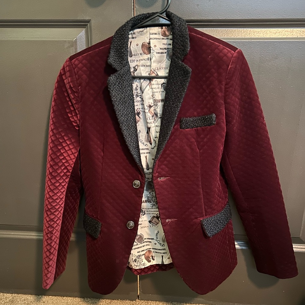 Burgundy Quilted Blazer with Black Accents